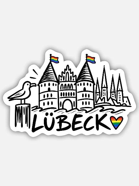 Lübeck mit Regenbogenfahnen - Sticker Größe S (10 x 10 cm) - Mattweiß