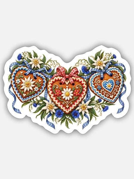 Drei Lebkuchenherzen mit Edelweiß - Sticker Größe S (10 x 10 cm) - Mattweiß