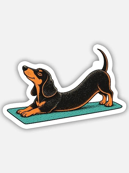 Dackel-Yoga auf Matte - Sticker Größe S (10 x 10 cm) - Mattweiß