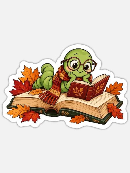 Niedlicher Bücherwurm im Herbst - Sticker Größe S (10 x 10 cm) - Mattweiß