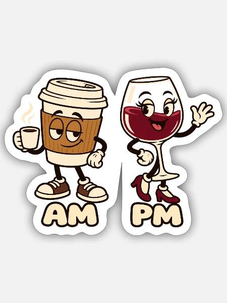 AM Kaffee PM Wein Cartoon Design - Sticker Größe S (10 x 10 cm) - Mattweiß