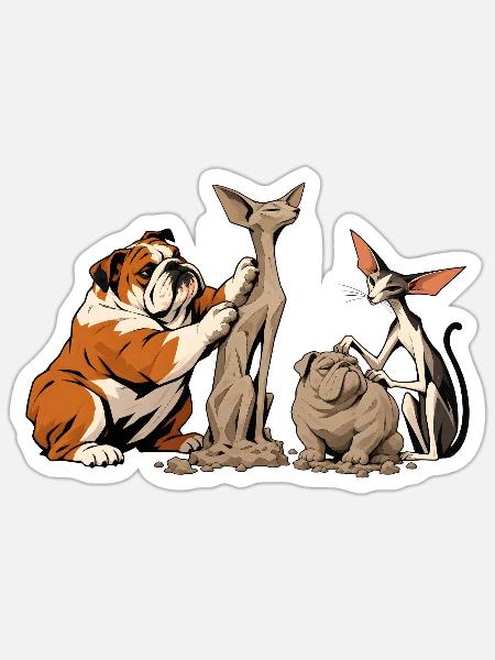 Bulldogge und Katze beim Bildhauern - Sticker Größe S (10 x 10 cm) - Mattweiß