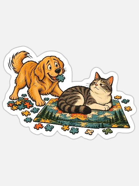 Golden Retriever und Katze puzzeln zusammen - Sticker Größe S (10 x 10 cm) - Mattweiß
