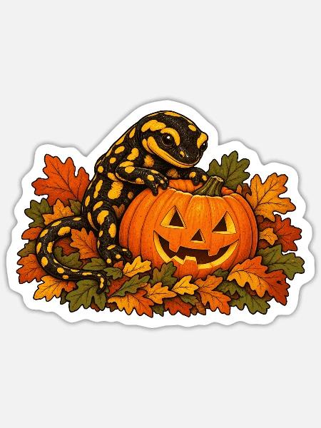 Salamander am Kürbis - Sticker Größe S (10 x 10 cm) - Mattweiß