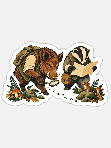 Wildschwein und Dachs beim Spurenlesen - Sticker Größe S (10 x 10 cm) - Mattweiß