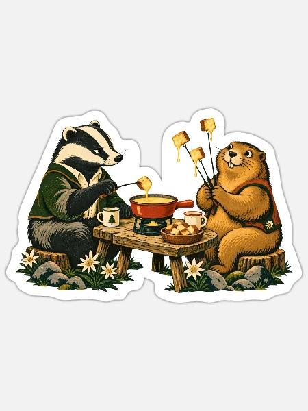 Dachs und Murmeltier beim Käsefondue - Sticker Größe S (10 x 10 cm) - Mattweiß