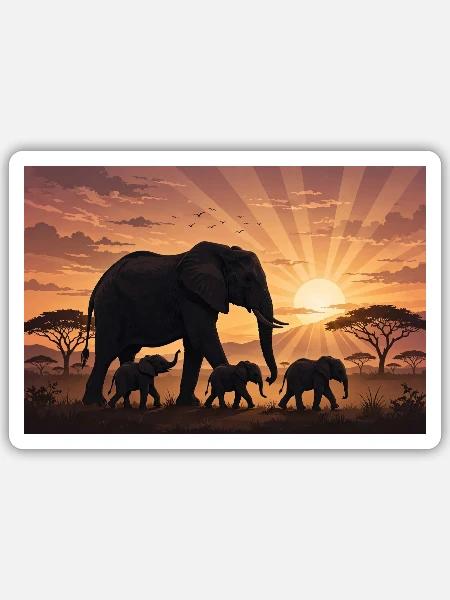 Elefanten-Morgendämmerungs-Silhouette - Sticker Größe S (10 x 10 cm) - Mattweiß