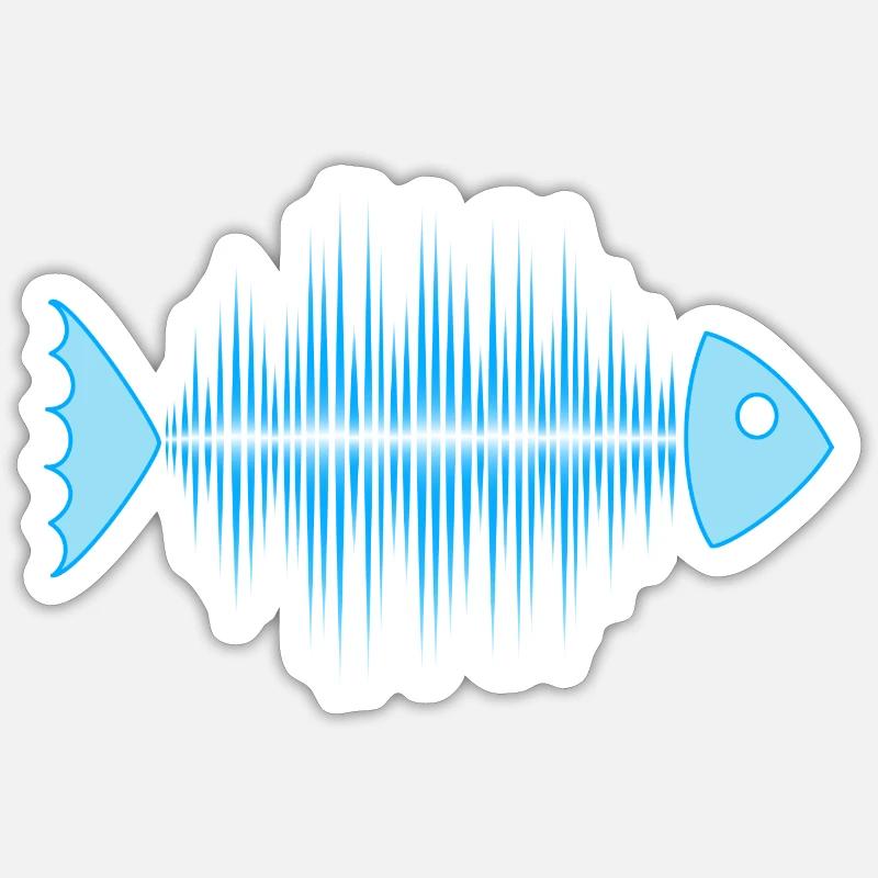 fish skeleton - music wave - DD blue - Sticker formato S (10 x 10 cm) - bianco opaco