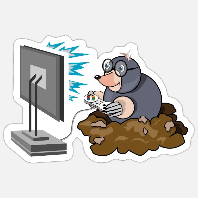 Maulwurf comic Gamer lustig Controller Gaming Logo - Sticker Größe S (10 x 10 cm) - Mattweiß