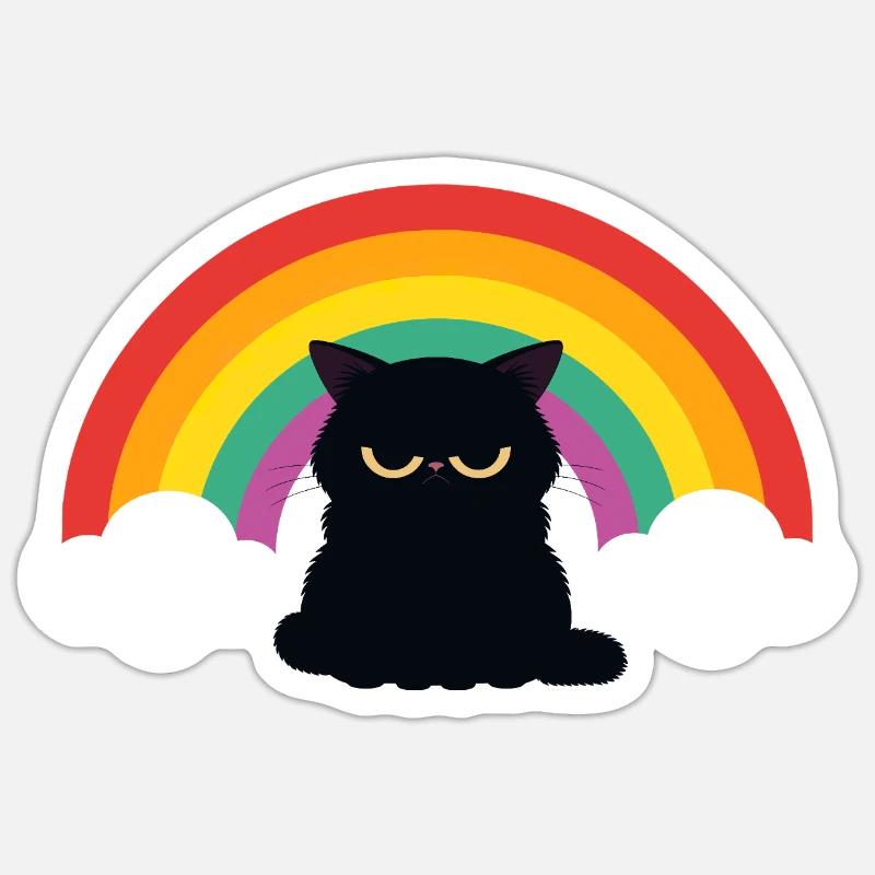 Mürrische Katze unterm Regenbogen - Sticker taille S (10 x 10 cm) - blanc mat