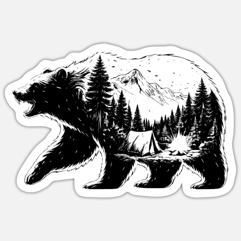 Bear camping landscape - Sticker size S (10 x 10 cm) - white matte