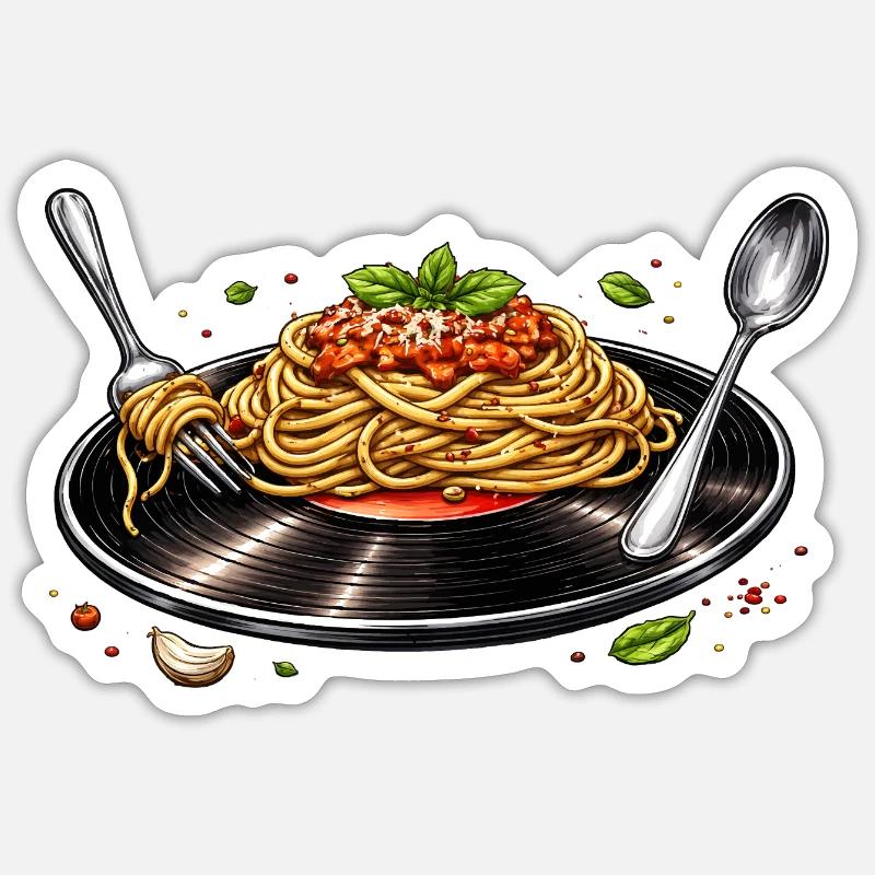 Spaghettis sur disque vinyle - Sticker taille S (10 x 10 cm) - blanc mat
