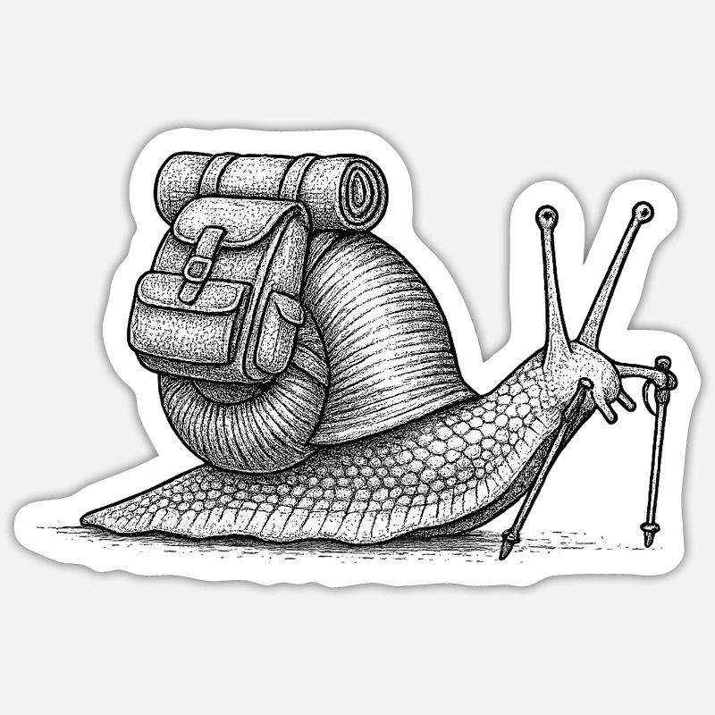Snail Trekker with Pack - Sticker size S (10 x 10 cm) - white matte