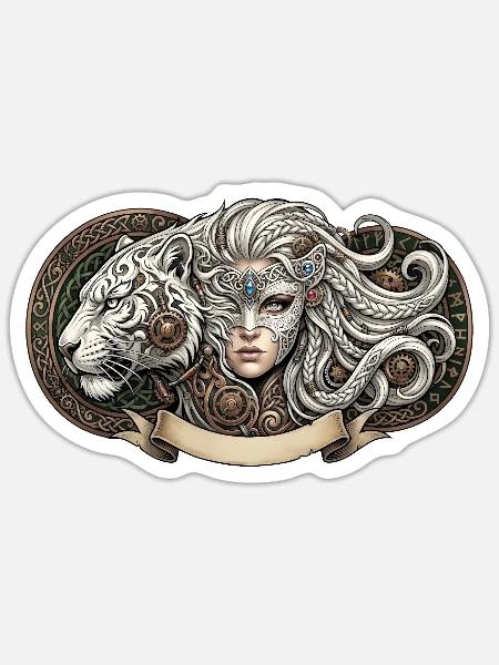 Fantasiefrau mit mechanischem Tiger - Sticker Größe S (10 x 10 cm) - Mattweiß