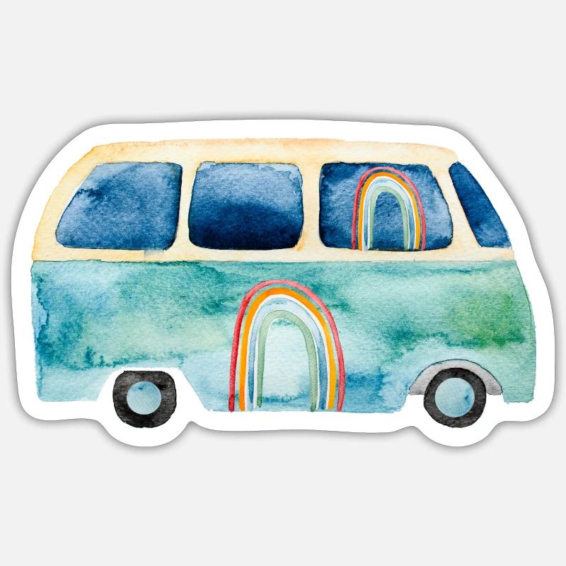 Rainbow Retro Vintage Van Bus - Sticker taille S (10 x 10 cm) - blanc mat