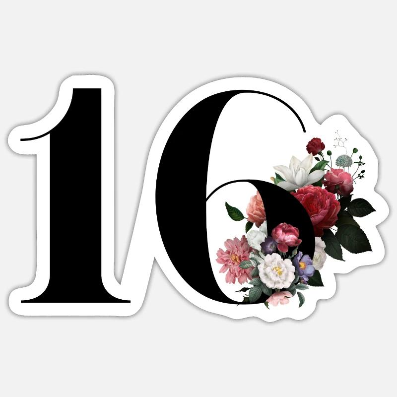 16e anniversaire fleuris (Cadeau de 16 ans) - Sticker taille S (10 x 10 cm) - blanc mat