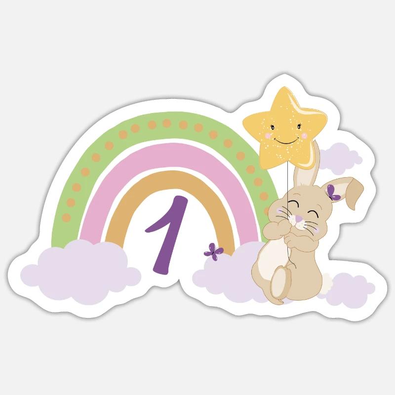 1. Geburtstag Regenbogen Hase Mädchen Geschenk - Sticker Größe S (10 x 10 cm) - Mattweiß
