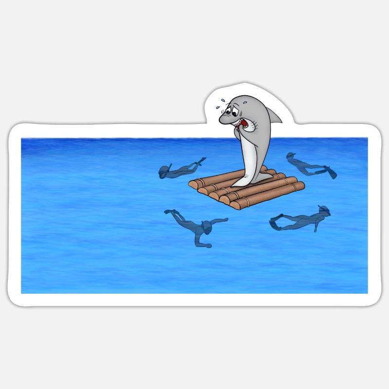Shark on raft - Sticker size S (10 x 10 cm) - white matte