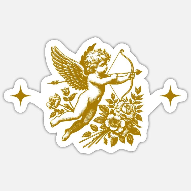 Cupid Doré et Fleurs - Sticker taille S (10 x 10 cm) - blanc mat