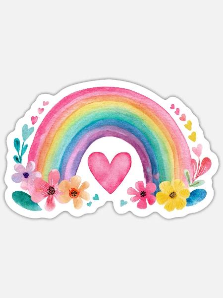 Regenbogen mit Herz & Blumen – Aquarell Liebe - Sticker Größe S (10 x 10 cm) - Mattweiß