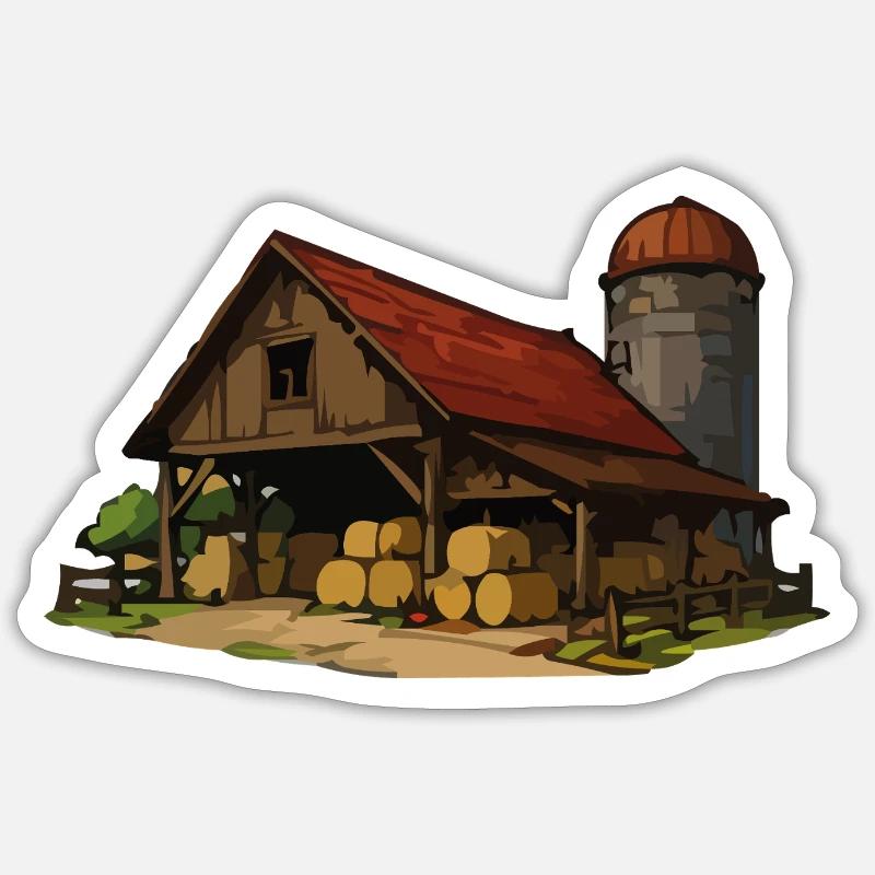 Rustikale Scheune mit Heuballen - Sticker Größe S (10 x 10 cm) - Mattweiß