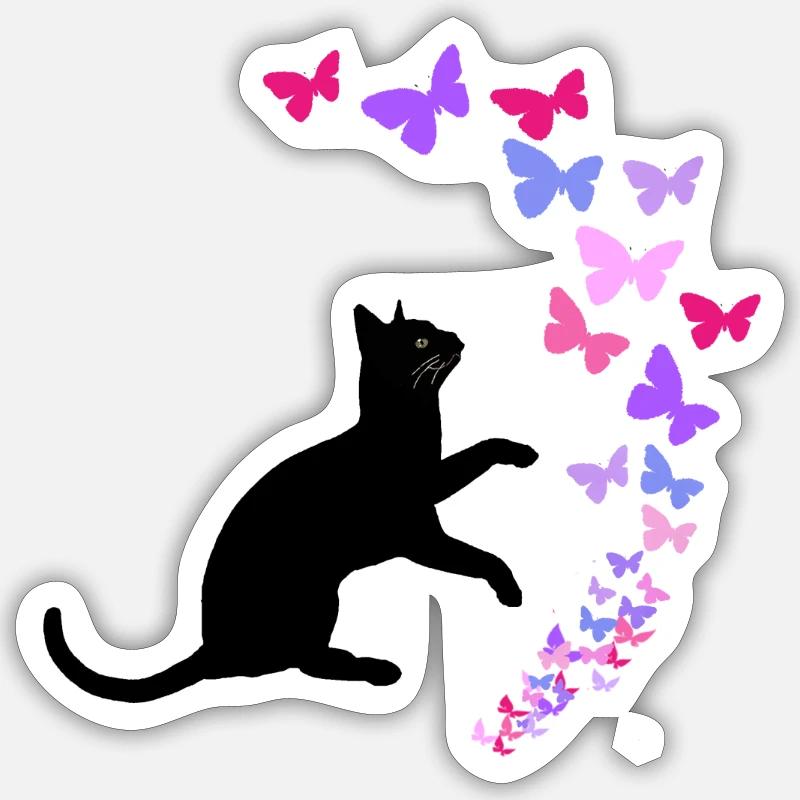 Chat noir et conception de papillons colorés Sticker taille S (10 x 10 cm)