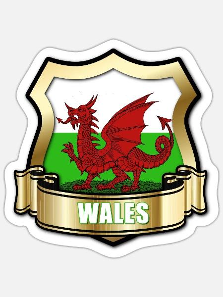 Welsh Flag of Wales Gold Shield & Red Dragon - Sticker size S (10 x 10 cm) - white matte
