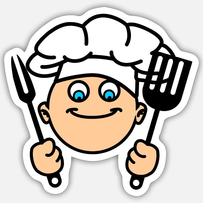 Cuisinier du BBQ avec ustensiles de cuisine et chapeau de chef - Sticker taille S (10 x 10 cm) - blanc mat