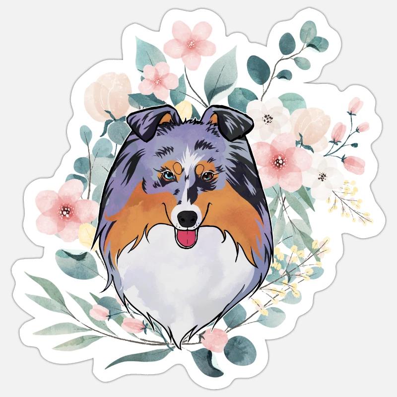 Sheltie blaue Merle Blumen - Sticker Größe S (10 x 10 cm) - Mattweiß