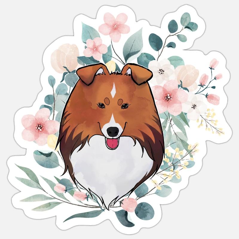 Chien de berger des Shetland de Sable avec des fleurs - Sticker taille S (10 x 10 cm) - blanc mat