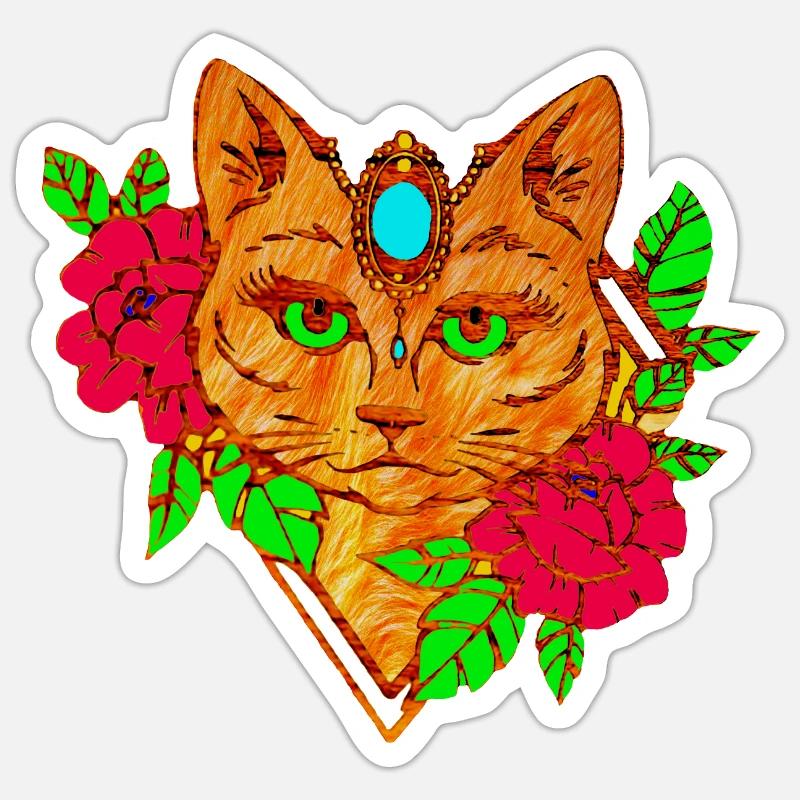 chat et fleurs - Sticker taille S (10 x 10 cm) - blanc mat
