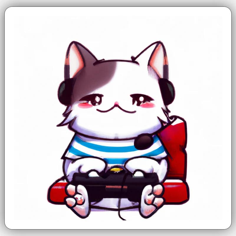 Kaweii cat playing computer games digital art - Sticker Größe S (10 x 10 cm) - Mattweiß