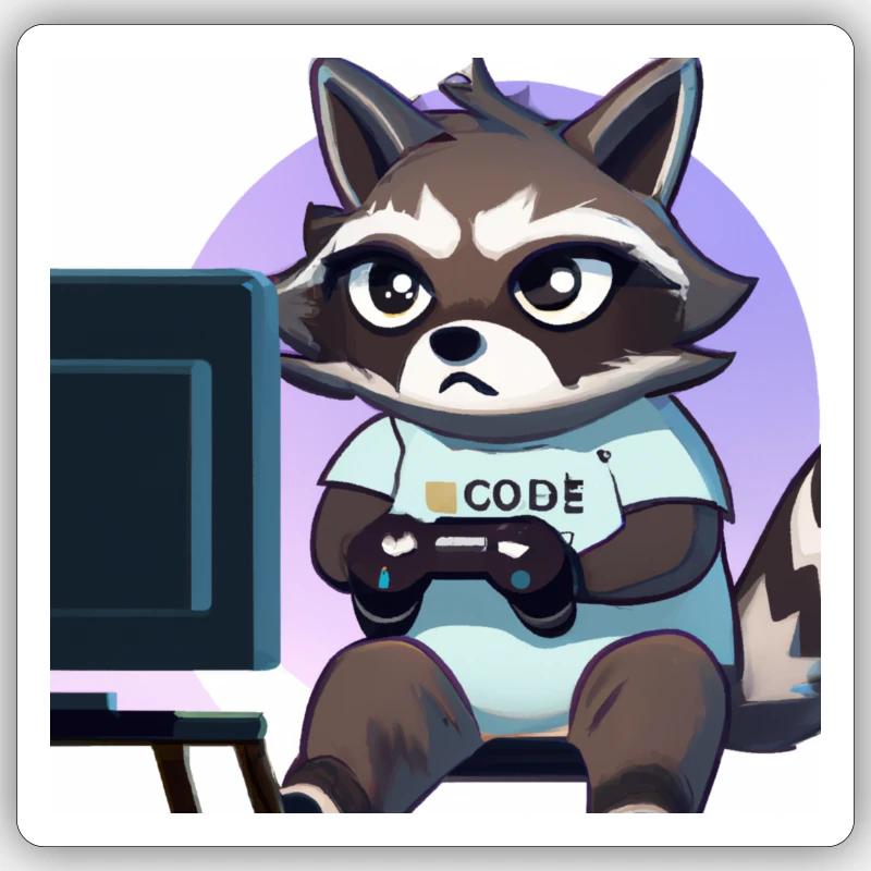 Racoon Playing Computer Games Sticker size S (10 x 10 cm)