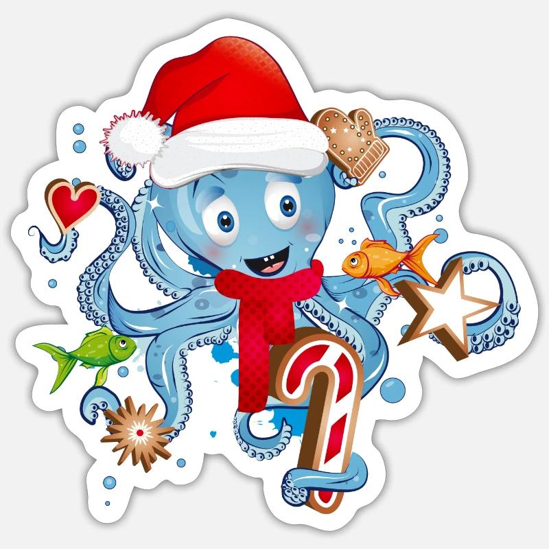Octopus s’amuse et des biscuits pour Noël - Sticker taille S (10 x 10 cm) - blanc mat
