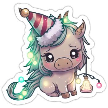 Licorne avec chapeau de Noël, tenue mignonne - Sticker taille S (10 x 10 cm) - blanc mat - Devant