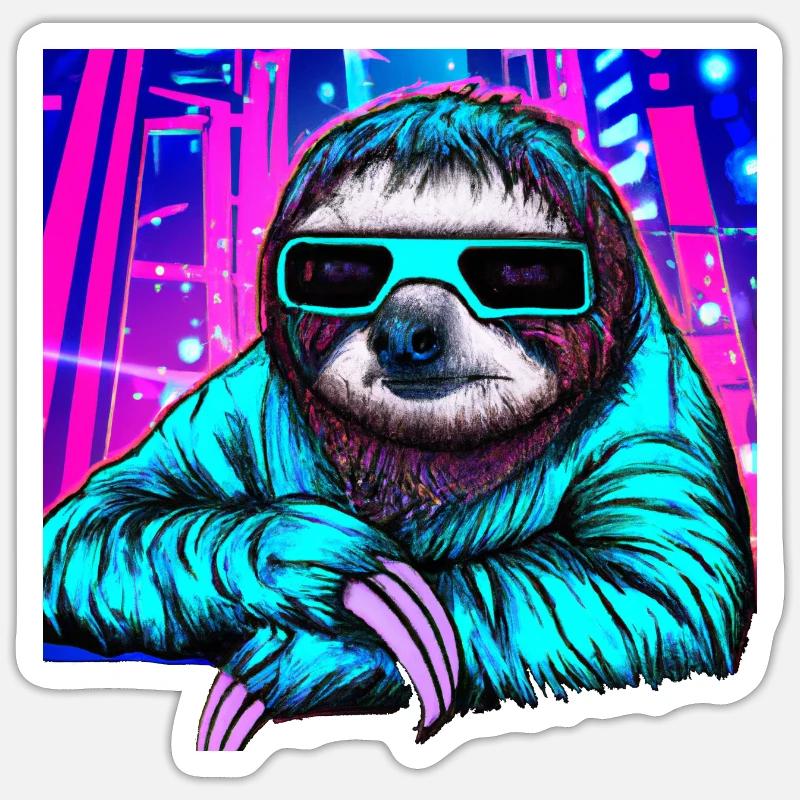 Retrowave Sloth - Ukiyo-e Malerei - Sticker Größe S (10 x 10 cm) - Mattweiß