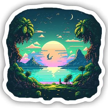 Pixel Art Style Landschaft am Meer - Sticker Größe S (10 x 10 cm) - Mattweiß - Vorne