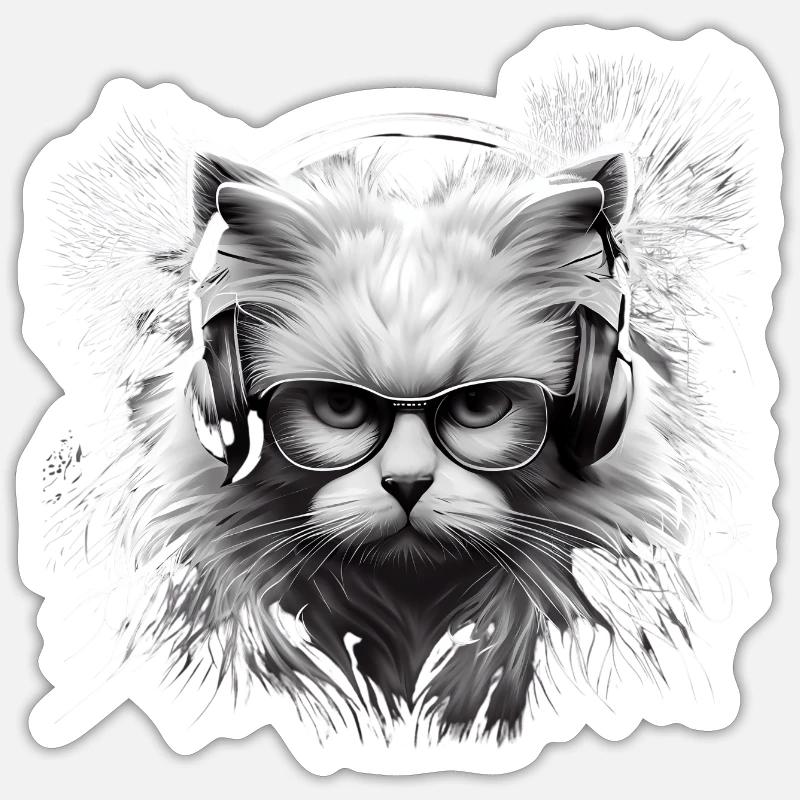 Katzenkopf mit Brille Kopfhörer-coole Katze - Sticker Größe S (10 x 10 cm) - Mattweiß