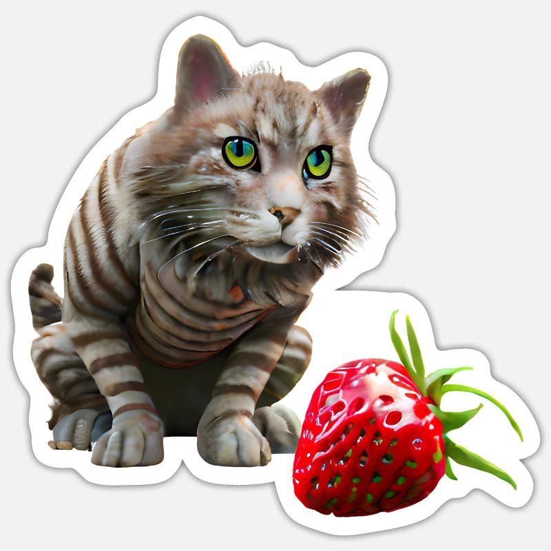 Chat devant une fraise géante - Sticker taille S (10 x 10 cm) - blanc mat
