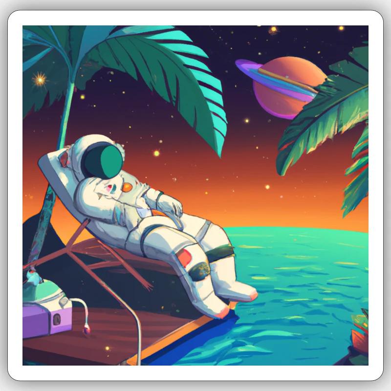 Astronaute se prélassant dans une station tropicale dans l’espace Sticker taille S (10 x 10 cm)