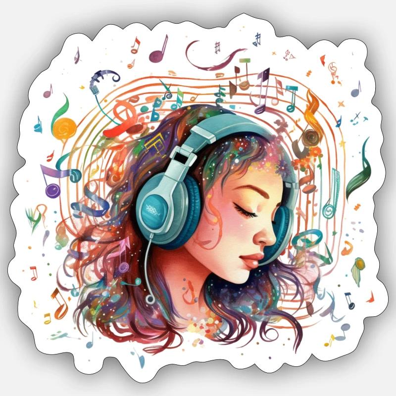 Mädchen mit Kopfhörern hört Musik 2 - Sticker Größe S (10 x 10 cm) - Mattweiß