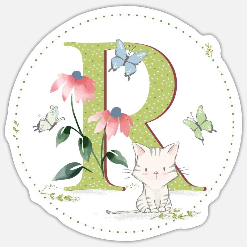Initial letter R with cat - Sticker size S (10 x 10 cm) - white matte