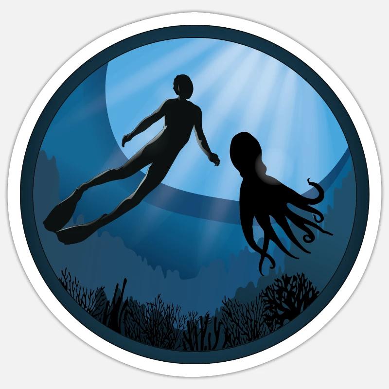 Diver with Octopus - Sticker size S (10 x 10 cm) - white matte