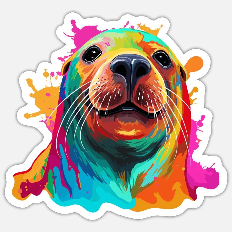 Bunter Seelöwe Robbe Seehund - Sticker Größe S (10 x 10 cm) - Mattweiß