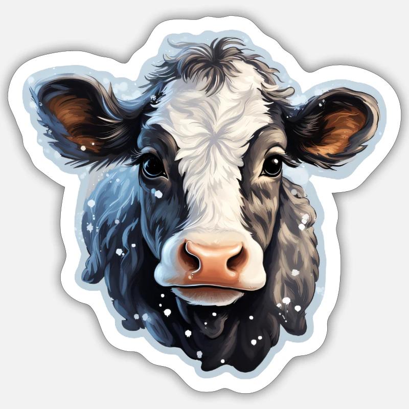Veau mignon dans la neige - Sticker taille S (10 x 10 cm) - blanc mat