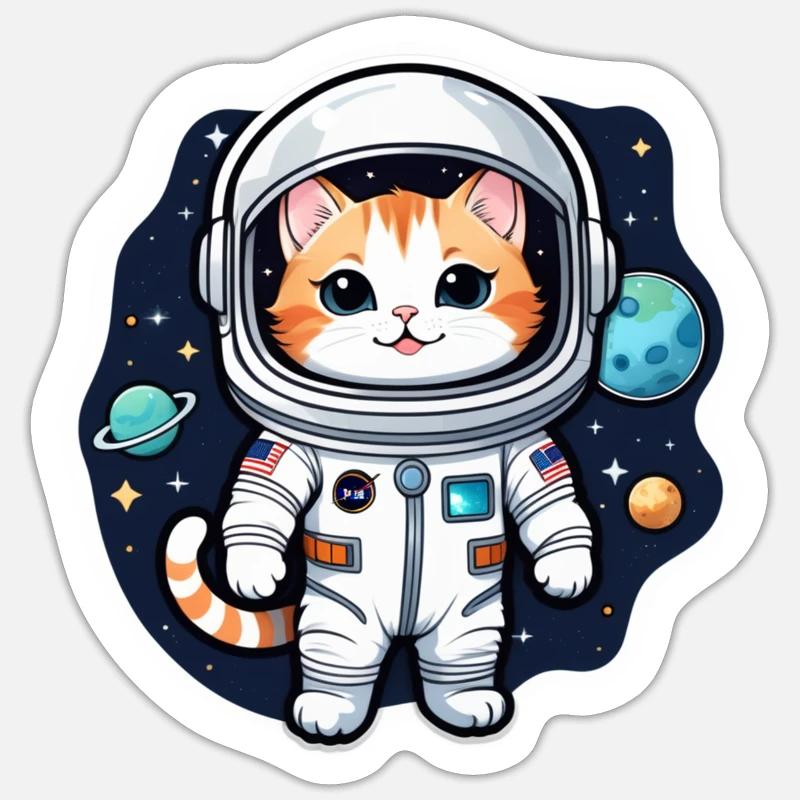 chat astronaute - espace - Sticker taille S (10 x 10 cm) - blanc mat