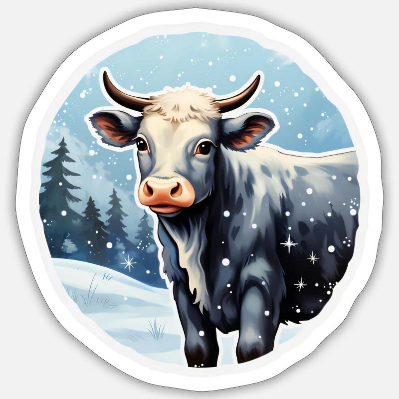 Cattle on a wintry alpine pasture Sticker size S (10 x 10 cm)