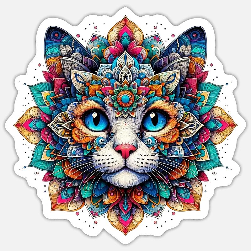 Chat décoré de Mandalas - Sticker taille S (10 x 10 cm) - blanc mat