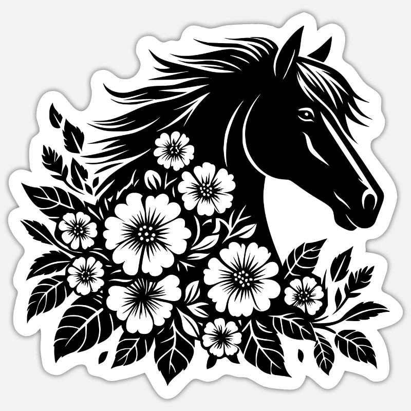 Tête de cheval avec des fleurs - Sticker taille S (10 x 10 cm) - blanc mat
