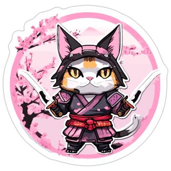 Samurai Katze & Kirschblüten #1 - Sticker Größe S (10 x 10 cm) - Mattweiß - Vorne